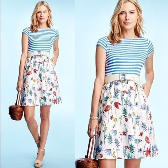 J. McLaughlin Catalina Cloth Colleen Dress Blue Striped Floral Skirt Spring - Picture 1 of 10